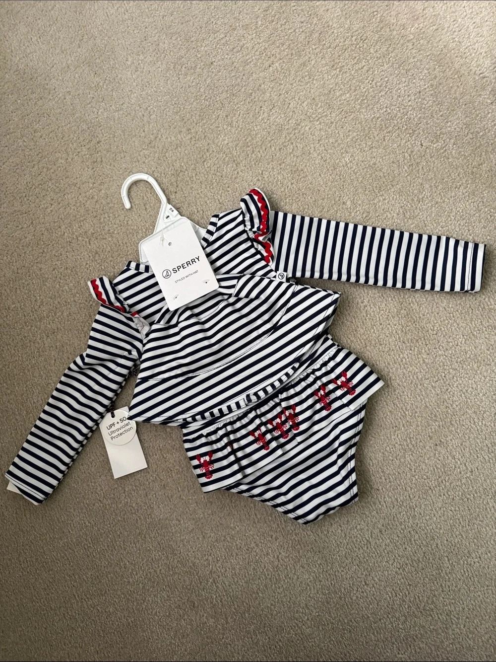 Sperry Navy & White Striped Long-Sleeve One-Piece Swim Set with Red Trim
